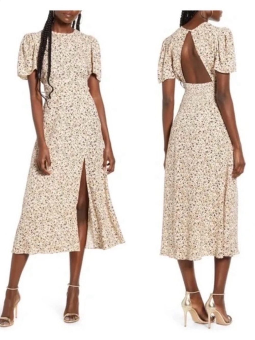 AFRM Jamie Floral Side-Slit MIDI Dress in Beige - Picture 2 of 6